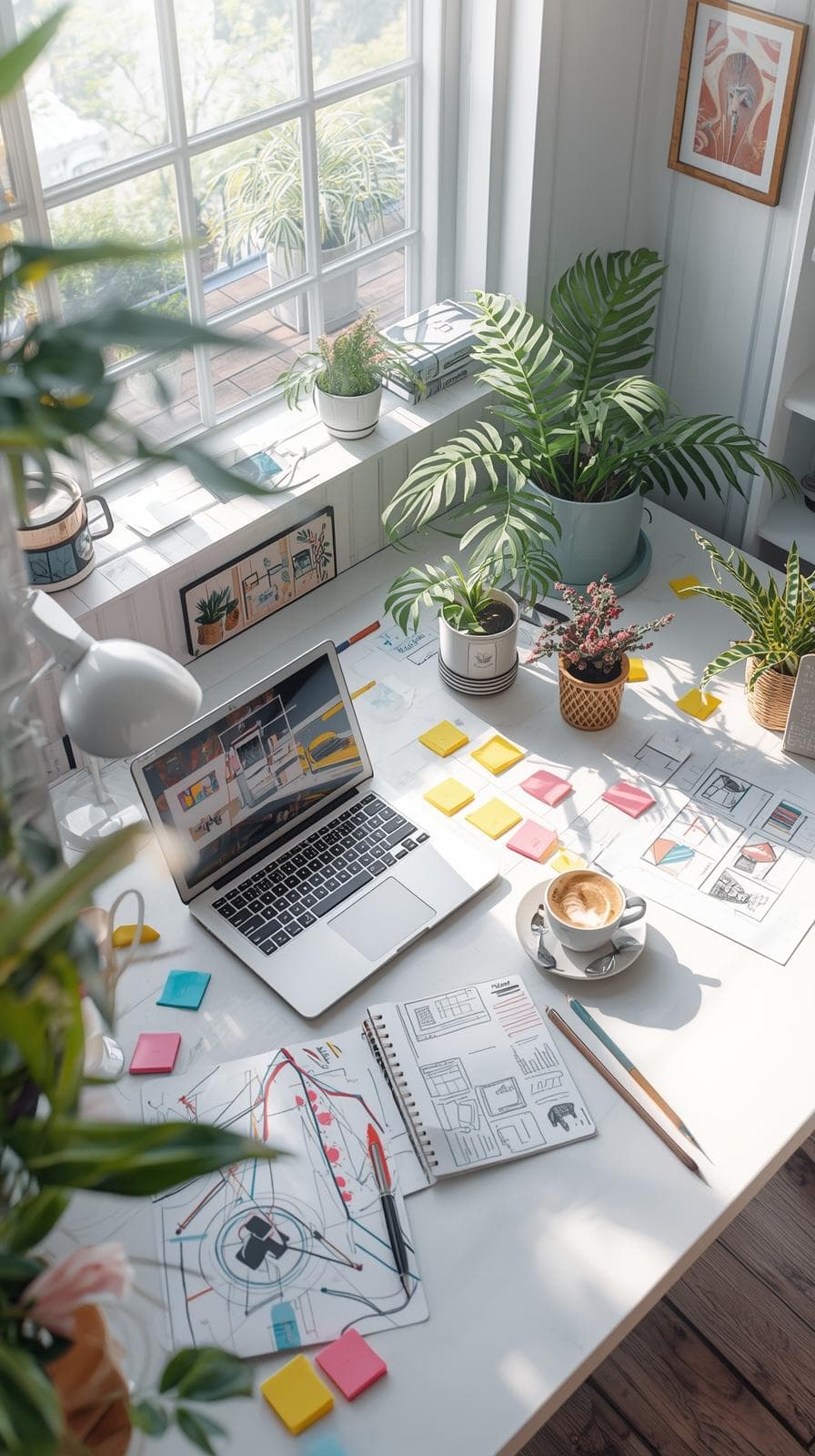 Creative workspace with laptop and coffee